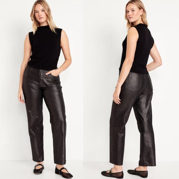 Old Navy High-Waisted Shine OG Loose Jeans Black Metallic Shimmer Size 14 - Picture 3 of 15
